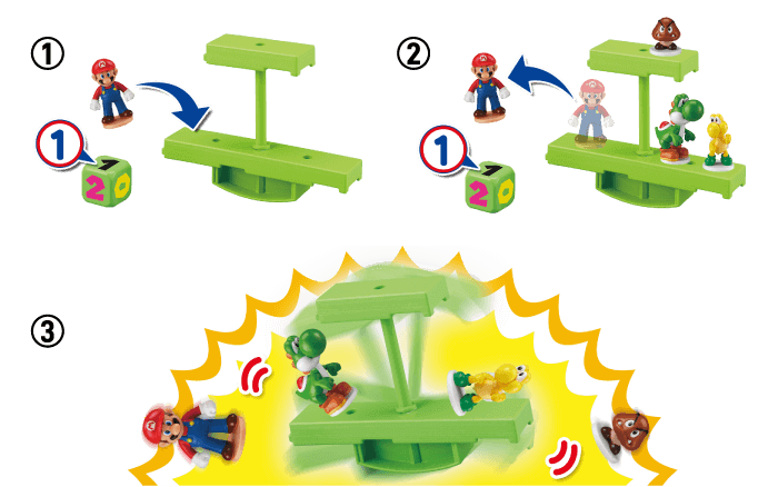 Segui le istruzioni sui dadi e posiziona i personaggi di Mario in cima al palco.