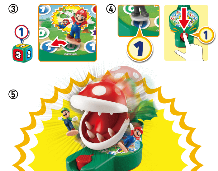 De speler die na het drukken op de knop door de Piranha Plant wordt aangevallen, verliest het spel!