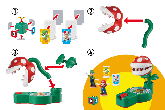 Apply the labels to the character plates and dice.Attach the head to the stem. Insert the stem to the base as shown. Slide the leaves into the grooves on the stem. You are now ready to play!