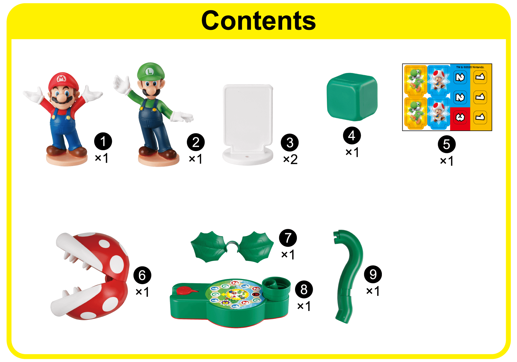 Mario Figure, Luigi Figure, Character Plate x2, Dice, Label Sheet, Piranha Plant Head, Leaf, Base, Stem