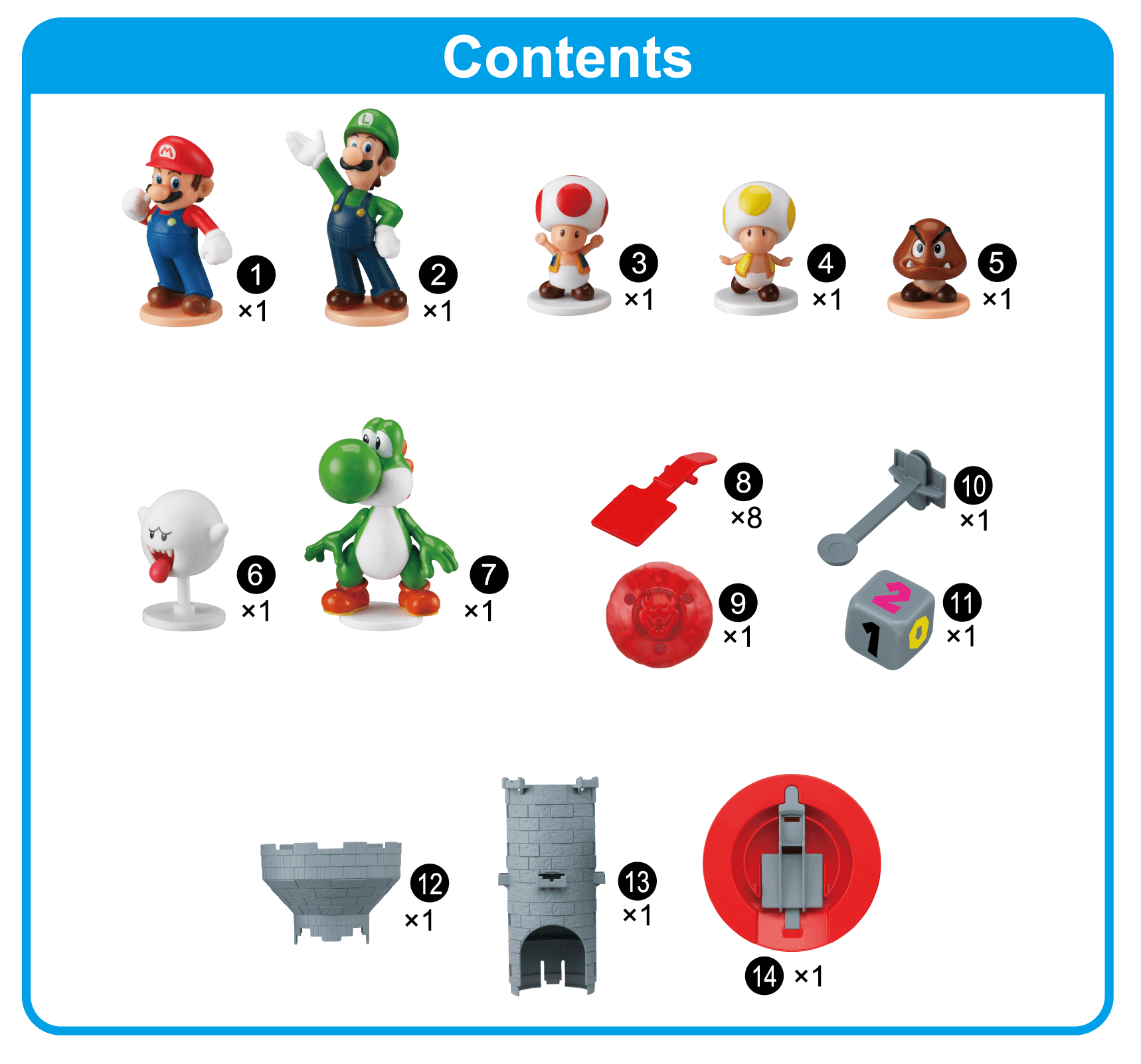 Mario Figure, Luigi Figure, Toad Figure (Red), Toad Figure (Yellow), Goomba Figure, Boo Figure, Yoshi Figure, Figure Hook x8, Ball, Ball Hook, Dice, Tower Top, Tower Base